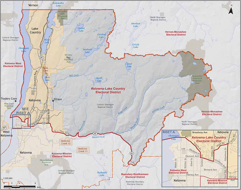 Map of the provincial Kelowna-Lake Country riding. (Elections BC)