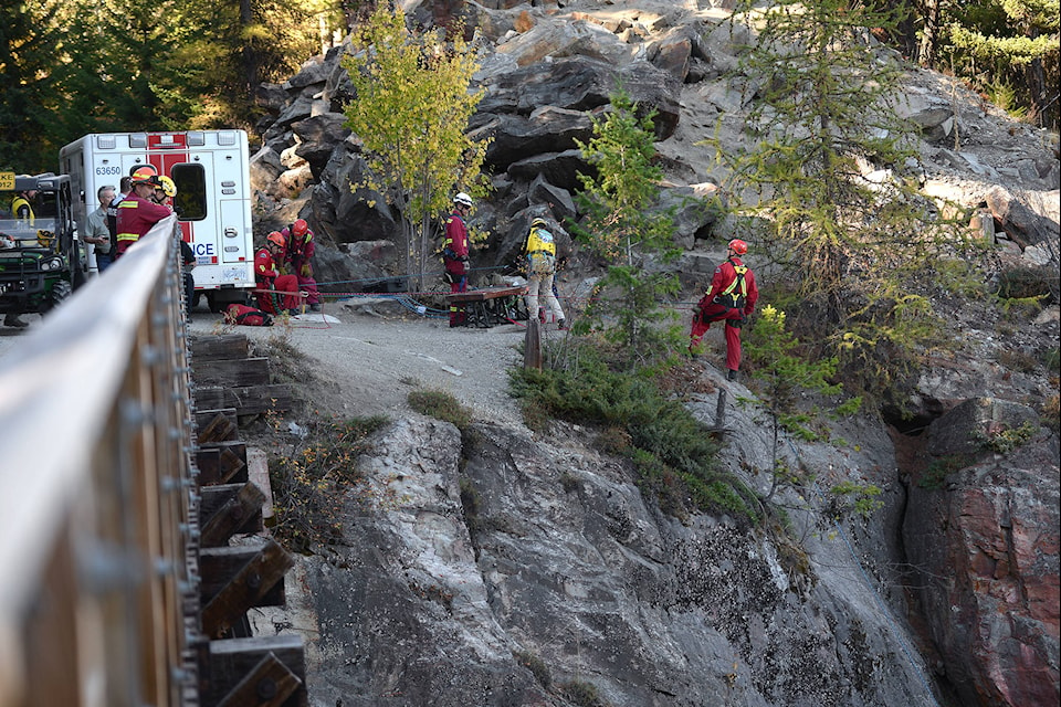 Crews on scene at Kettle Valley Rail Trail on Tuesday, Oct. 6. (Phil McLachlan - Capital News)