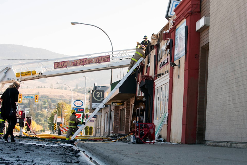 Crews continue to battle a fire Wednesday morning at Rutland’s Olympia Greek Taverna that broke out late Tuesday night. (Michael Rodriguez - Capital News)