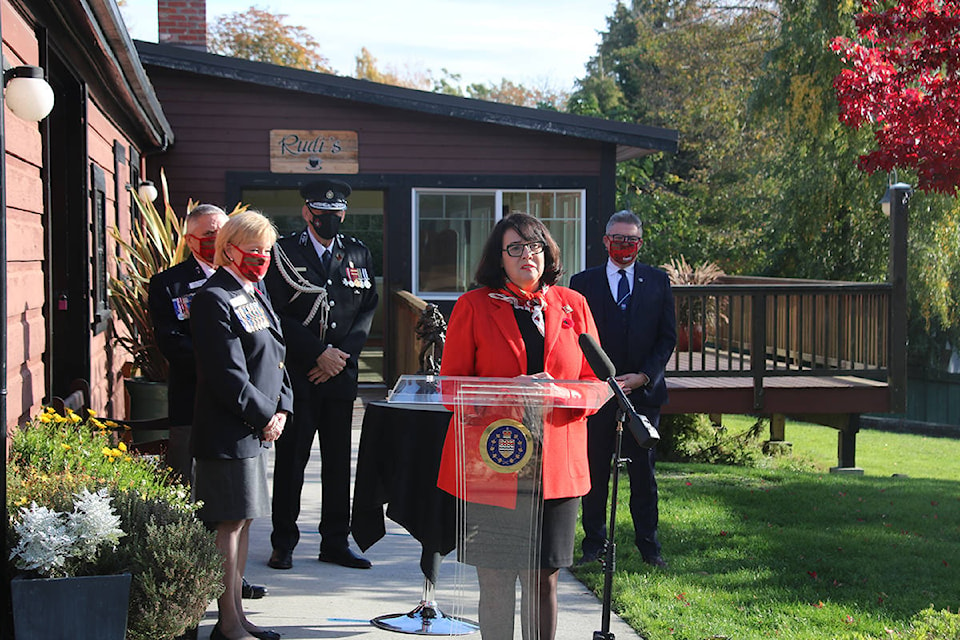 Janet Austin, lieutenant governor of B.C., was presented with the first poppy of the Royal Canadian Legion’s 2020 Poppy Campaign on Wednesday. (Kendra Crighton/News Staff)