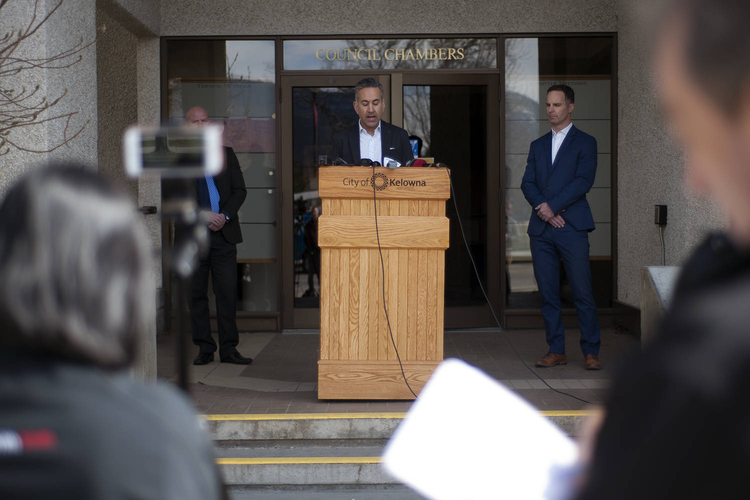 Kelowna Mayor Colin Basran addresses media from the front steps of council chambers on March 23. (Michael Rodriguez - Capital News)