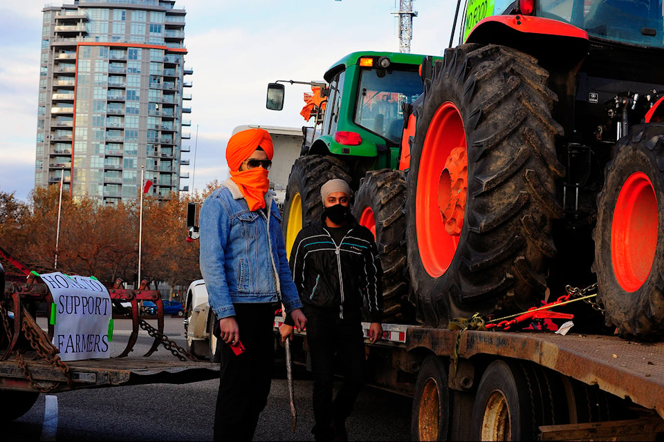 Protesters gathered at Prospera Place in Kelowna on Sunday, Dec. 6, in opposition to what they called anti-farmers bills in India. (Michael Rodriguez - Capital News)