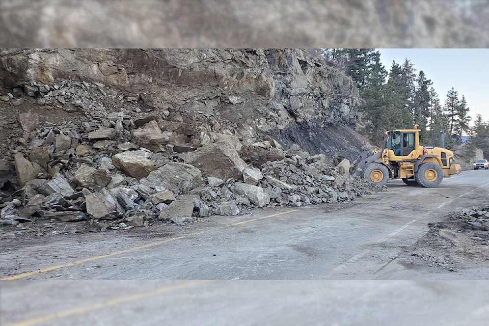 District of Lake Country crews work through Wednesday evening, Feb. 3, 2021, after a rockfall closed Pelmewash Parkway around 3:15 p.m. (District of Facebook - Facebook)
