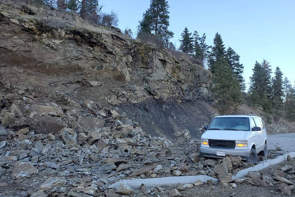 Area resident Malcolm Hett said he’s glad he moved his van when he did or the damage could have been more substantial. ‘Just a minute before this, I was parked on the opposite side of the road clearing the rocks from the first smaller slide,’ he said. (Malcolm Hett - Facebook)