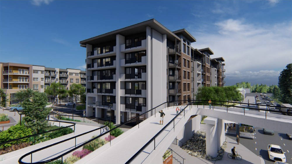 A rendering of one of the newly approved Central Green buildings, alongside a portion of the pedestrian bridge set to be constructed at a later date. (Contributed)