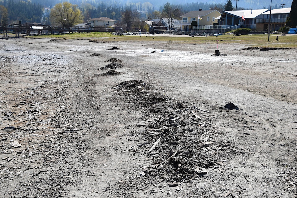 This photo taken in late April shows the piles that residents who live in Canoe near the wharf at the bottom of 50th Street NE say they rake up daily. They say much of the debris comes from Canoe Forest Products mill. (Martha Wickett-Salmon Arm Observer)