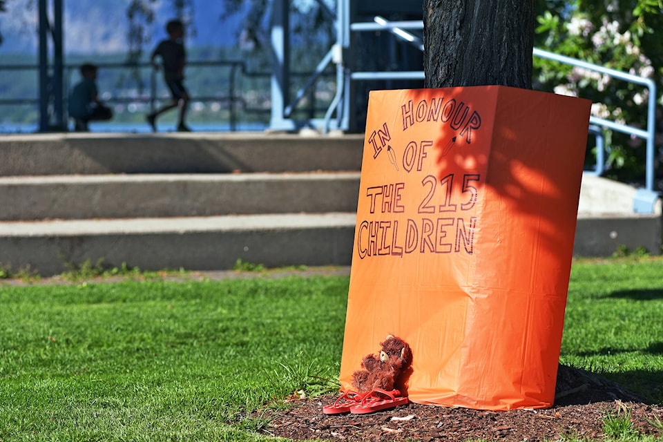 Residents gather at Marine Park on June 2 to honour through dance and prayer the 215 children whose remains were recently located at the site of the former Kamloops Indian Residential School. (Lachlan Labere-Salmon Arm Observer)