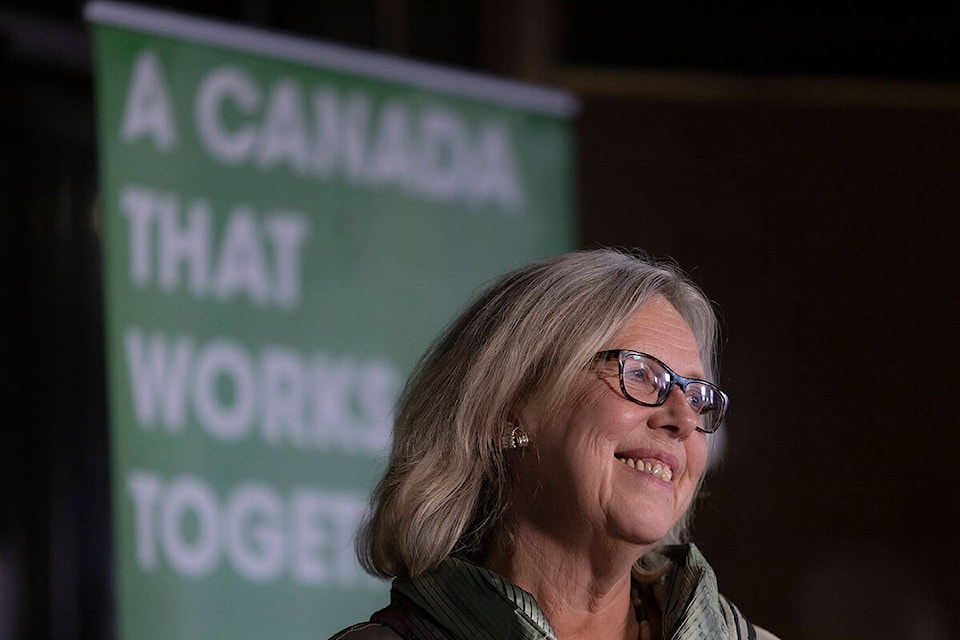 Elizabeth May at the Green Party headquarters in Saanich. (Arnold Lim/Black Press Media)