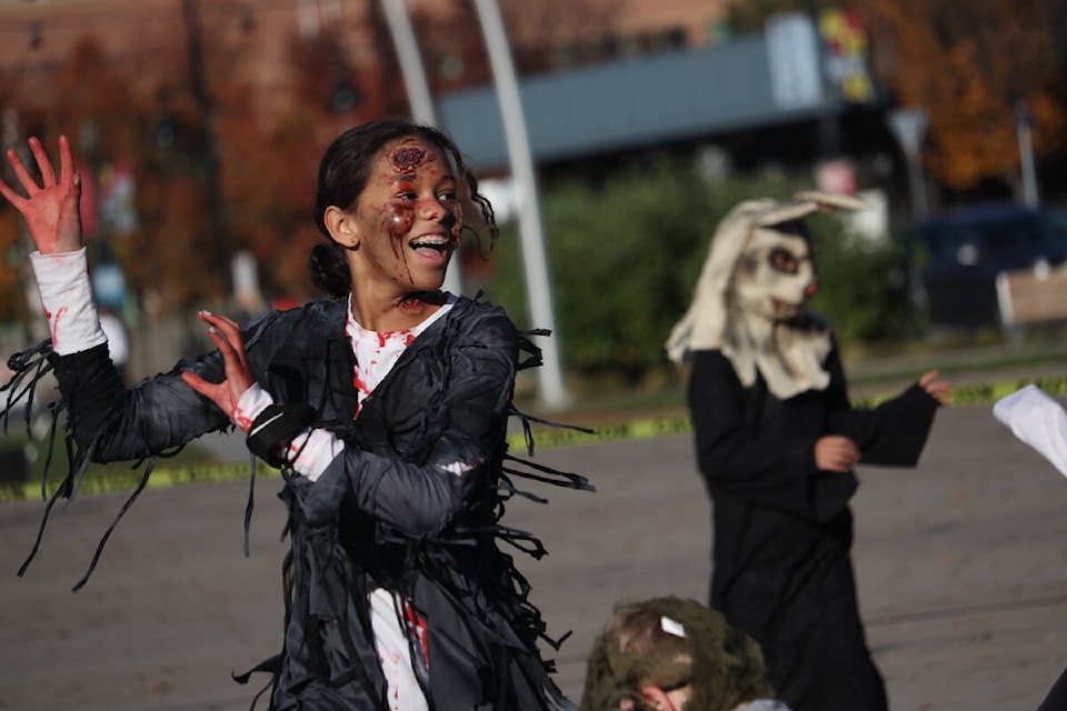 Around 40 students from the Studio 9 Independent School of the Arts gathered at Stuart Park and danced to Michael Jackson’s Thriller for Kelowna’s 2021 Thrill the World event on Oct. 30. (Aaron Hemens/Capital News)