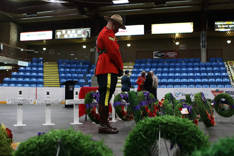 Families, servicemen and dignitaries come together to honour those who served with the Canadian military during West Kelowna’s Remembrance Day ceremony on Nov. 11 at Royal LePage Place. (Aaron Hemens/Capital News)