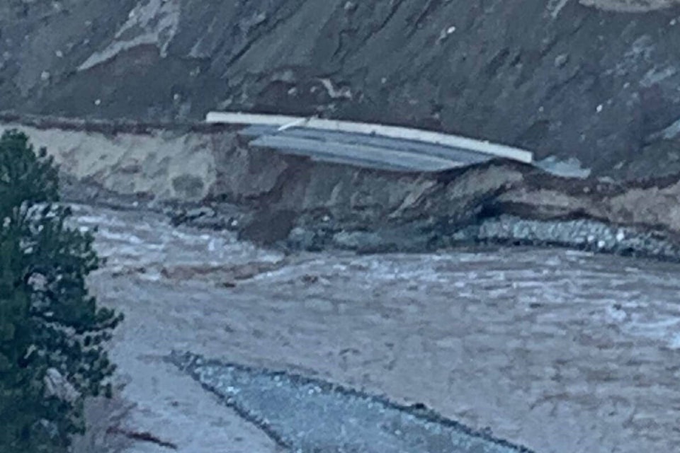 Portions of Highway 8 have collapsed into the Nicola River. (BC Transportation/Twitter)