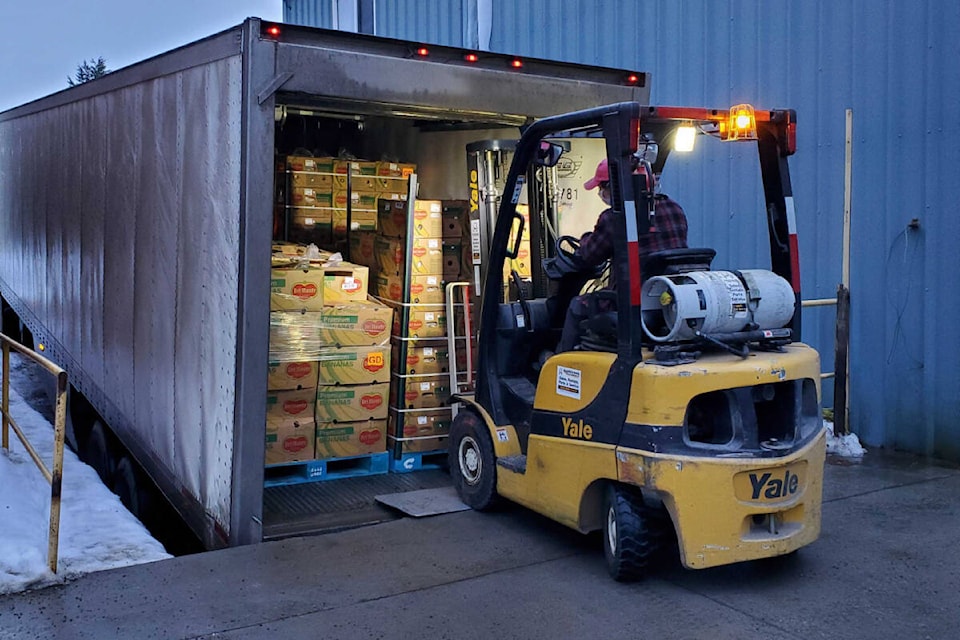 (Aussie) Dave Henry of the North Okanagan Valley Gleaners Society prepares to unload a truckload of donated produce from an Edmonton farm, including bananas for the first time ever. (Roger Knox - Morning Star)