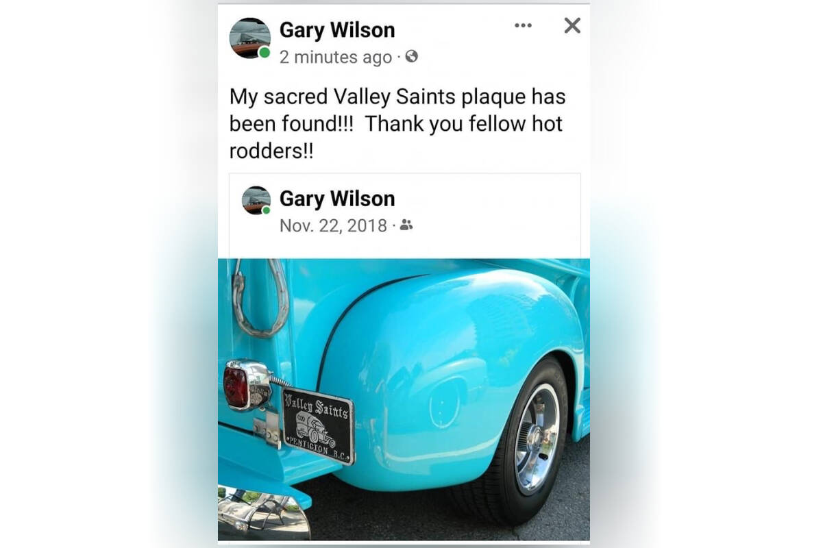 Gary Wilson reacts to finding out his vintage plaque has been found in Peachland, B.C. (Facebook)