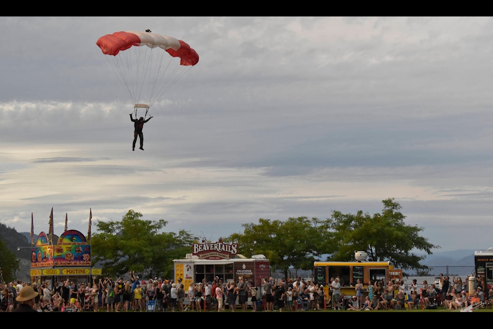 The Canadian Forces SkyHawks parachute team touched down at Okanagan Lake Park for the 75th anniversary of the Penticton Peach Festival on Aug. 4. (Logan Lockhart- Western News)