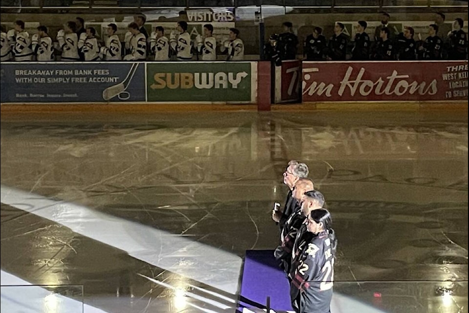 Parm Dhaliwal’s parents and brother watch the video tribute dedicated to him before the West 鶹ѡ Warriors game on Saturday night, Oct. 1 (Photo - Jordy Cunningham/Capital News)