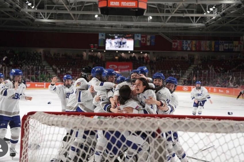 Team B.C. mobs goalie Rebecca Noble of Delta following a 3-0 win over Nova Scotia in the gold-medal game of women’s hockey Sunday, March 5, at the Canada Winter Games in Charlottetown. (Facebook photo)