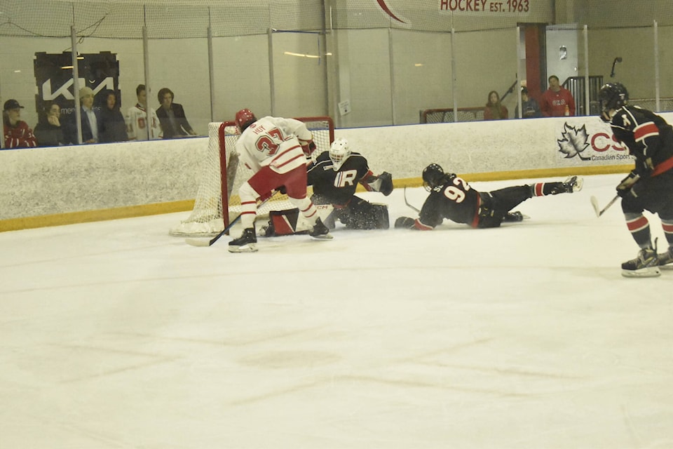 Okanagan Hockey Academy’s David Hoy scored his team’s first goal on Saturday, March 11, against the Rink Hockey Academy Kelowna U17 in Penticton. The OHA secured a 4-1 victory to open its CSSHL Championships in 2023. (Logan Lockhart/Western News)