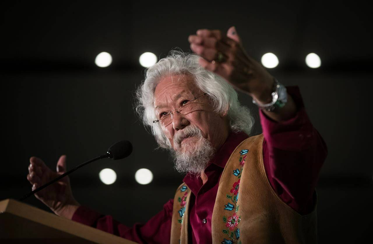 Environmental activist David Suzuki speaks during a rally in Vancouver on Saturday, Oct. 19, 2019. He is hosting his last episode of "The Nature of Things" on Friday. THE CANADIAN PRESS/Darryl Dyck