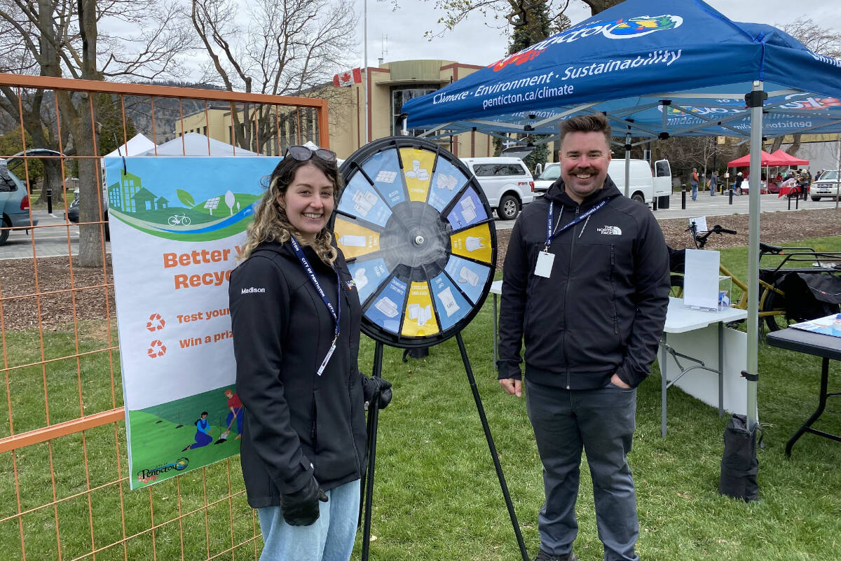Madison Poultney and David Kassian from the citys sustainability department during Earth Day 2023 at Pentictons Gyro Park. (Logan Lockhart- Western News)