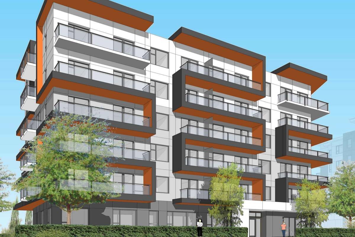 Conceptual rendering of apartment development proposed for 1341-1355 Belaire Avenue and 1328 Pridham Avenue. (City of Kelowna)