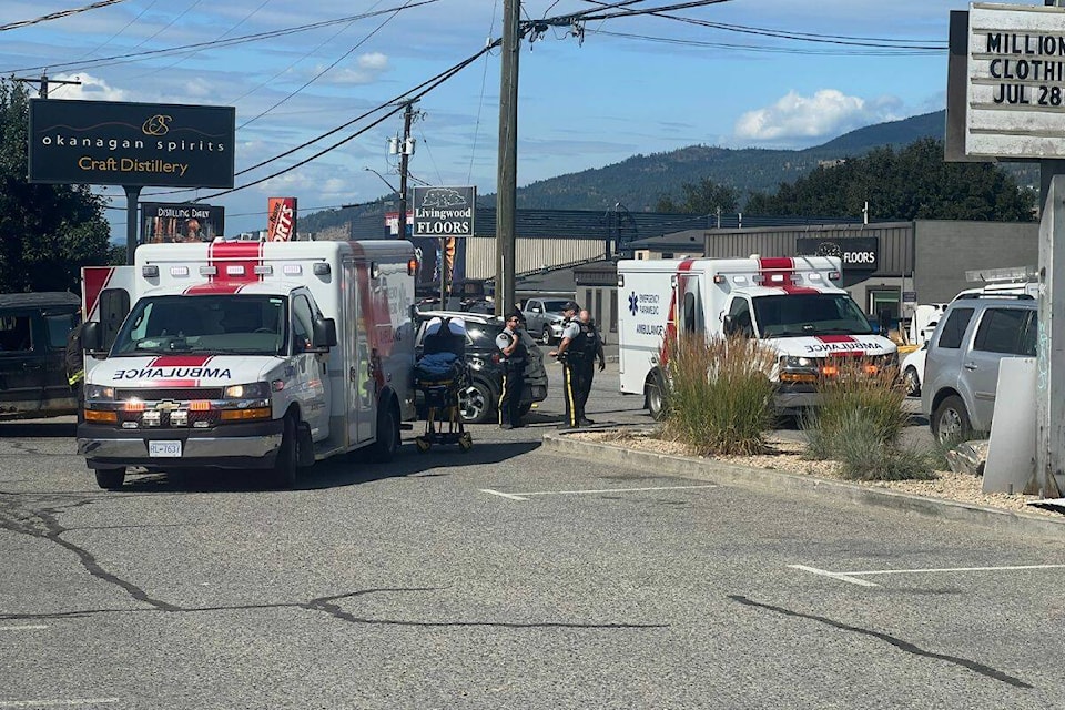 Fire and police crews are on scene at a vehicle incident on 24th Street, near Okanagan Spirits Distillery. (Brendan Shykora-Morning Star)