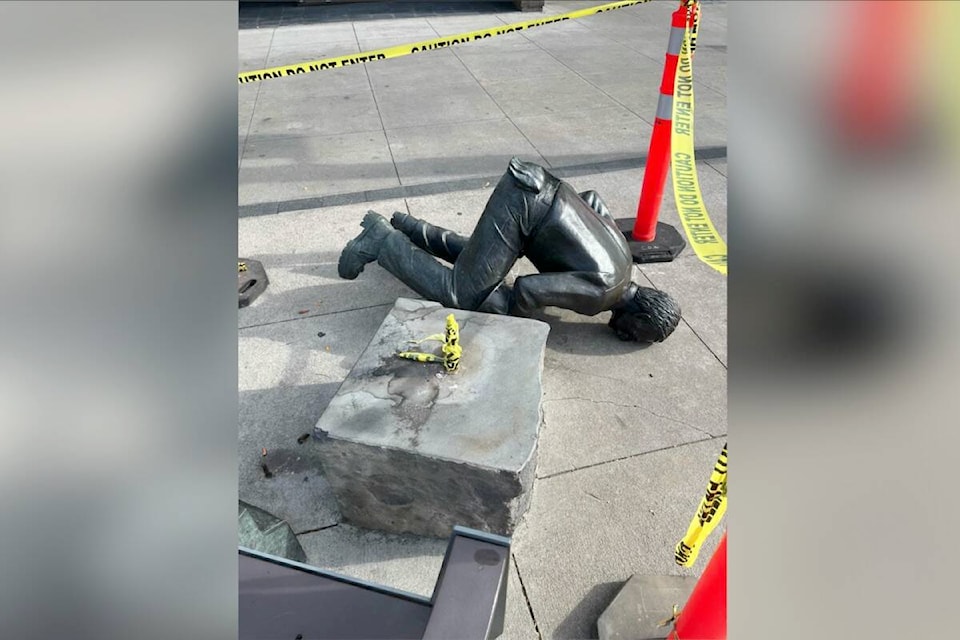 The ‘Working Man’ statue in downtown  was toppled and damaged on Aug. 12, 2023. (contributed)