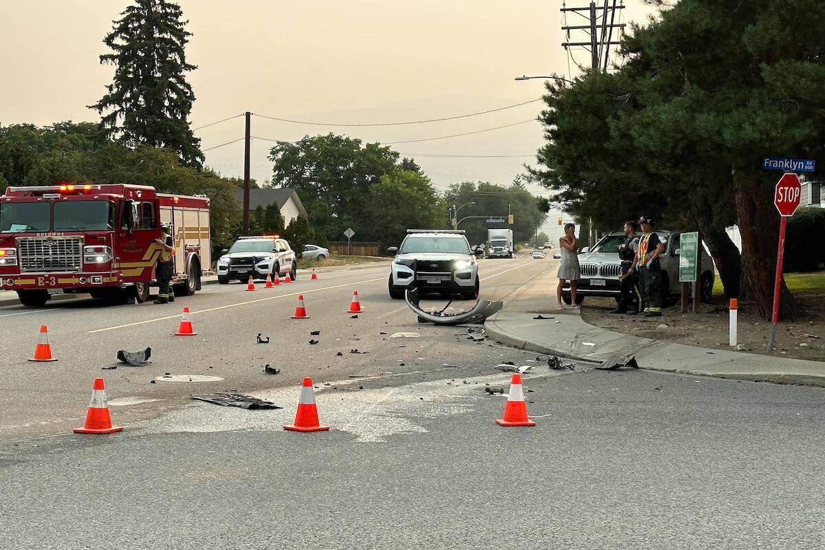Emergency crews respond to a two-vehicle crash at the corner of Franklyn and Leathead roads on Aug. 16, 2023. (Jordy Cunningham/Capital News)