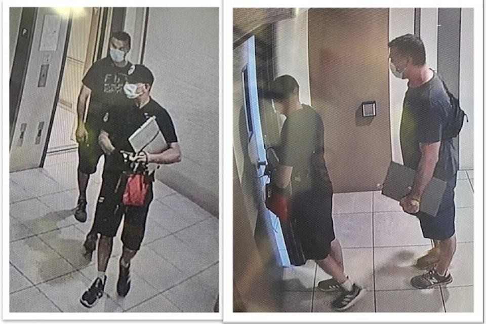 Kelowna RCMP and Crime Stoppers are looking to identify these two suspects in relation to thefts at a Bernard Ave condo complex. (Crime Stoppers/Facebook)