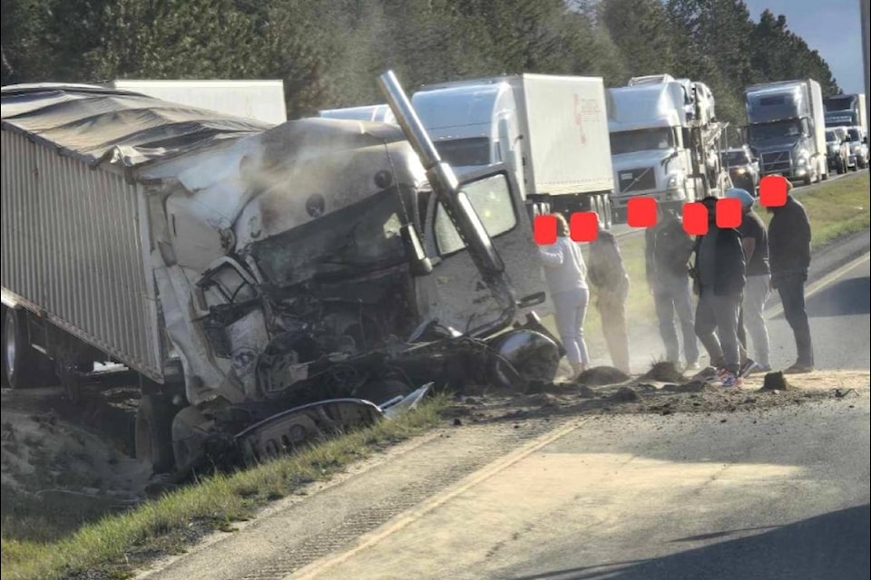 Two semi-truck drivers were taken to hospital with serious injuries after colliding just south of Merritt on the Coquihalla Highway on Monday, April 21.