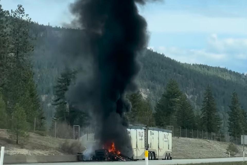 A semi-truck was seen engulfed in flames in the westbound lanes of the Okanagan Connector on Wednesday, April 9, 2025.