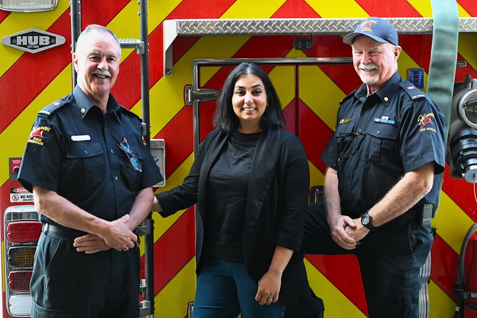 Peter McLaren, left, and Lauren Hunter, right, were two of Keremeos' six firefighters that were deployed to Sparwood in 2023. BC Attorney General Niki Sharma's hometown is Sparwood and she still has family there. 