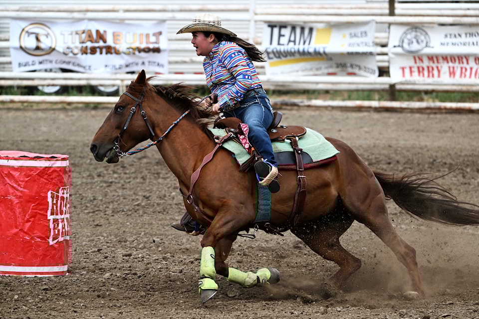 Sheena Louie from Cawston rides in the ladies barrel racing competition at the 84th Keremeos Rodeo on May 18.