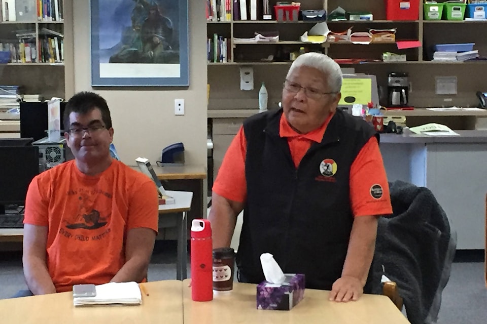 Residential school survivor Grace Greyeyes (right) shared her story to SESS students (Contributed)