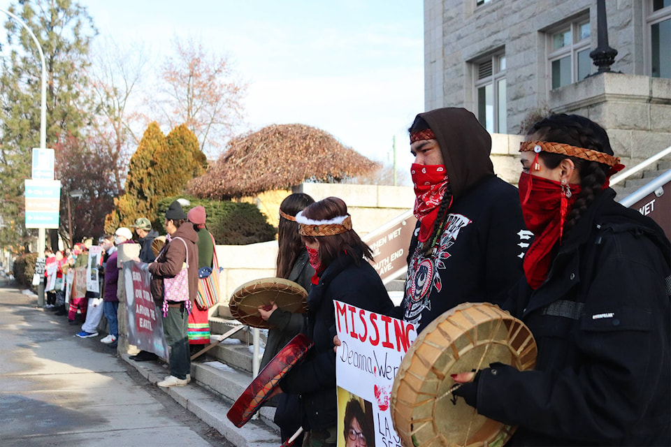 The front steps of the Vernon courthouse were lined with protestors calling for justice for missing and murdered Indigenous women in the North Okanagan Thursday, Jan. 7, 2021.(Brendan Shykora - Morning Star)