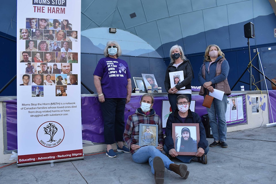 Grieving mothers, addicts and recovering addicts spoke during a vigil in Penticton on the fifth anniversary of B.C.’s overdose crisis April 14, 2021. (Brennan Phillips/Western News)
