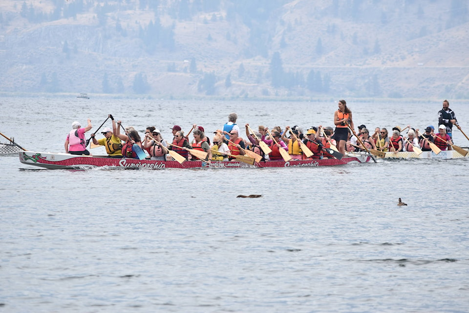 Newcomers already were racing back to shore on their first try of Dragon Boating on Saturday on Skaha Lake. (Brennan Phillips - Western News)