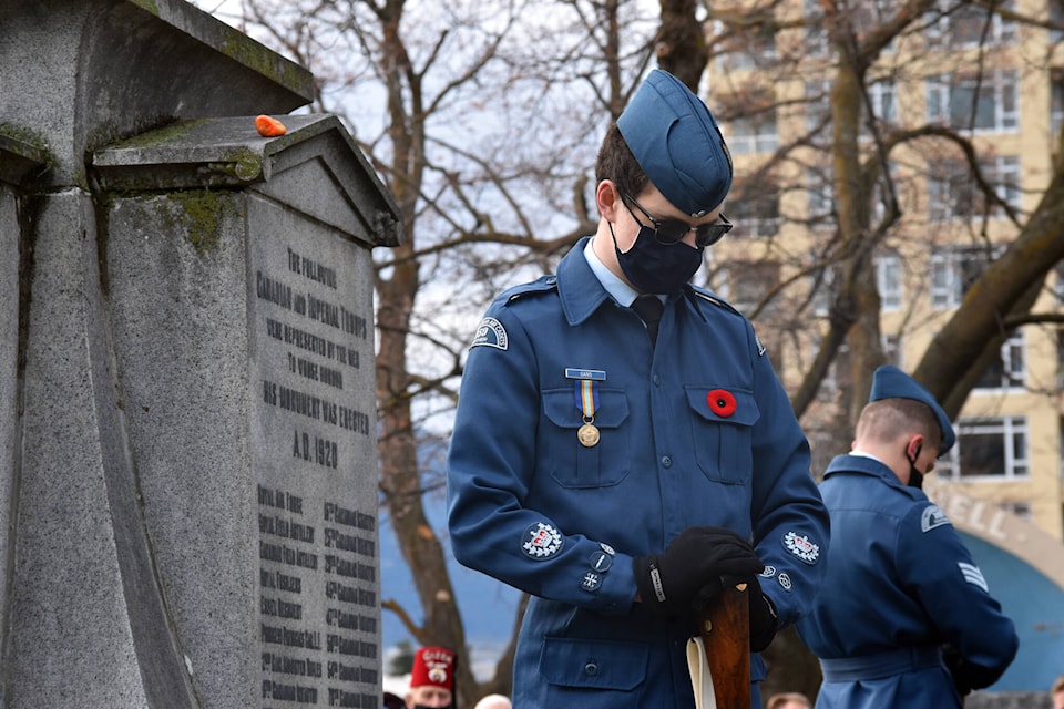 A member of the Cadets Honour Guard standing at his post on the corner of the Penticton Cenotaph during the Remembrance Day ceremony. (Brennan Phillips - Western News)