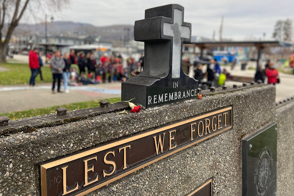 Dozens of people lined the streets surrounding the Vernon Cenotaph for the Remembrance Day service Thursday, Nov. 11. (Jennifer Smith - Morning Star)