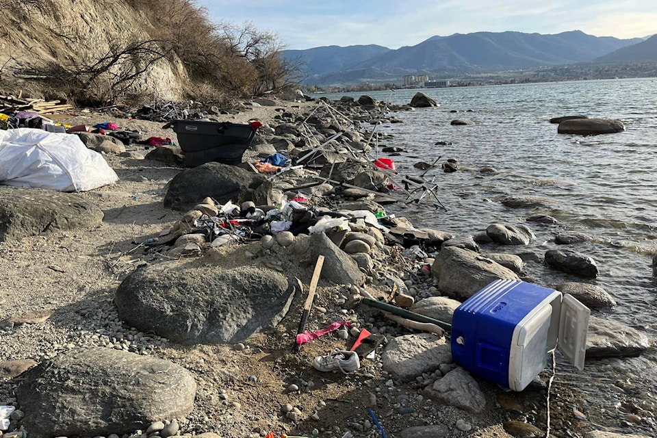 Debris from a remote homeless camp in Penticton is getting into Okanagan Lake following water levels rising. (Marshall Shelswell Facebook)