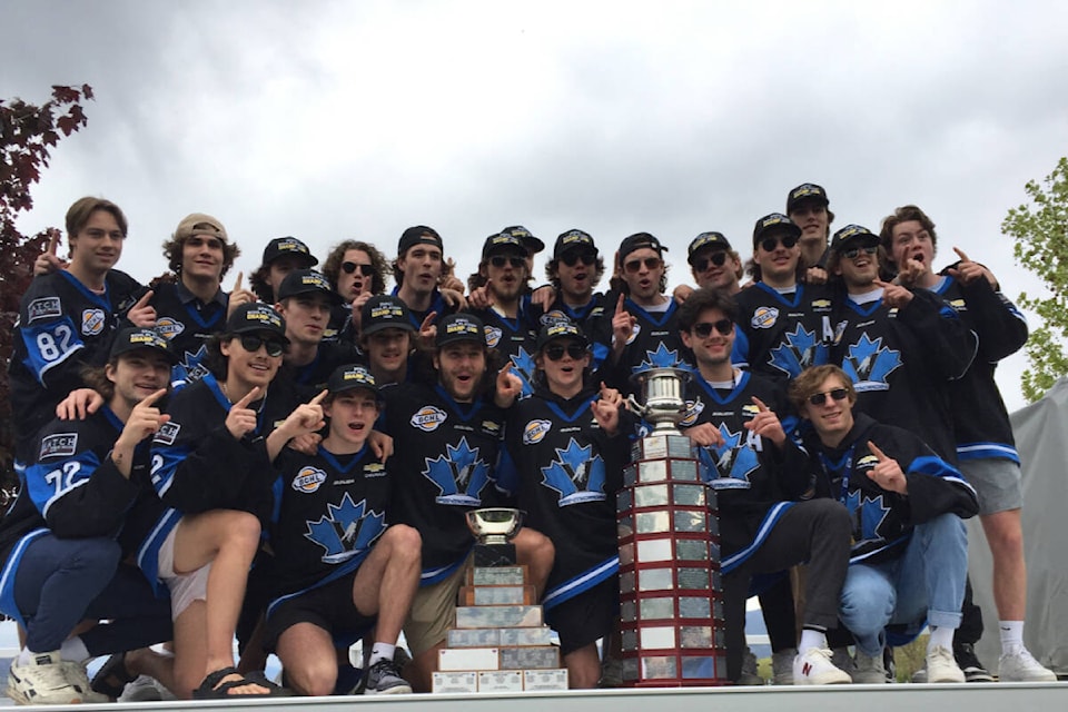 The Penticton Vees celebrated with thousands at Penticton’s Rotary Park on Tuesday, May 24, after taking ride down Lakeshore Drive for a Fred Page Cup championship parade. (Logan Lockhart- Western News)