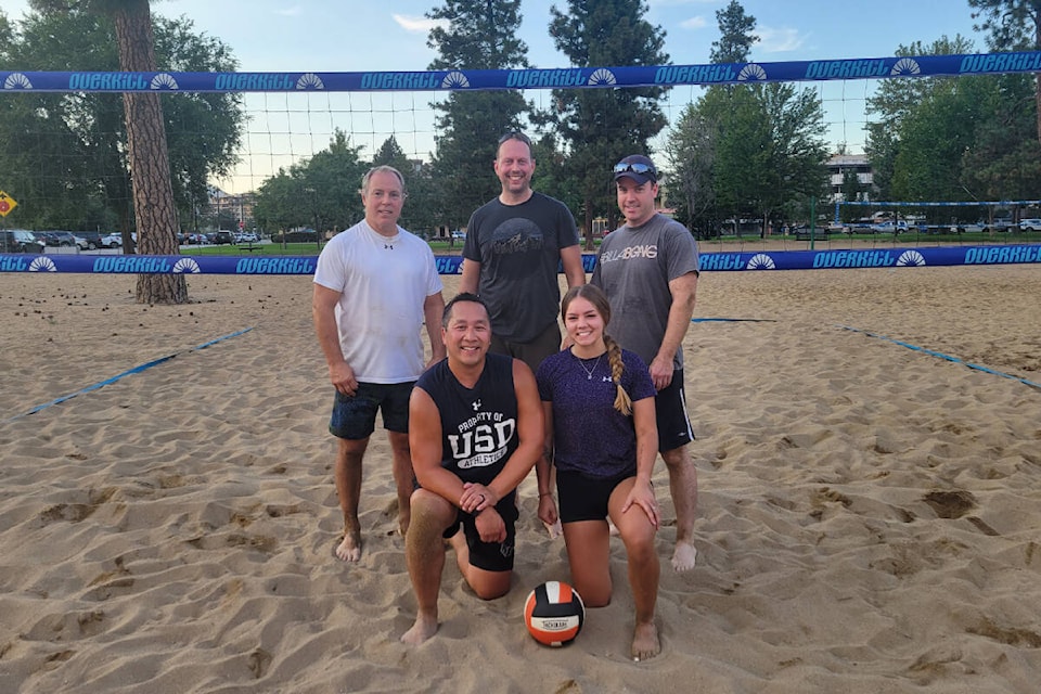 The South Okanagan Volleyball Association’s Division C champions in 2022. (Back row: Kip Noble, Mike Tigchelaar, Chris Hernes) (Front row: Vu Pham, Sydney Olexa) (Contributed)