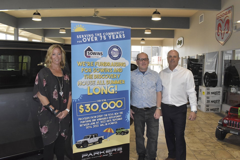 The South Okanagan Women in Need Society and Discovery House were the recipients of Parkers Chrysler Jeep Dodge’s annual community giveback donation. Each group received $15,000. (Logan Lockhart- Western News)