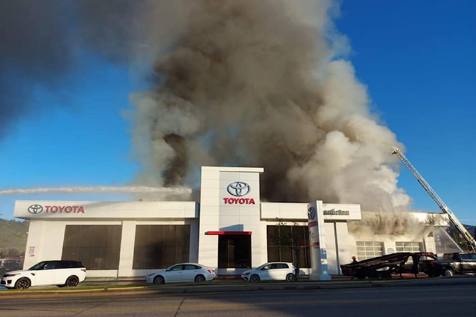 An arson fire completely destroyed the Penticton Toyota dealership in May. The black plume of smoke could be seen across the city. Two were arrested for the arson but charges have not been formalized. (Facebook)