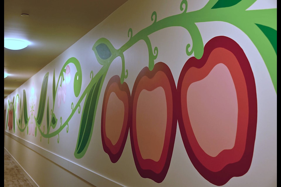 A fitting mural designed for the Ambrosia building in Keremeos, showing the stages of the Ambrosia apple from buds to fruit. (Brennan Phillips - Review)