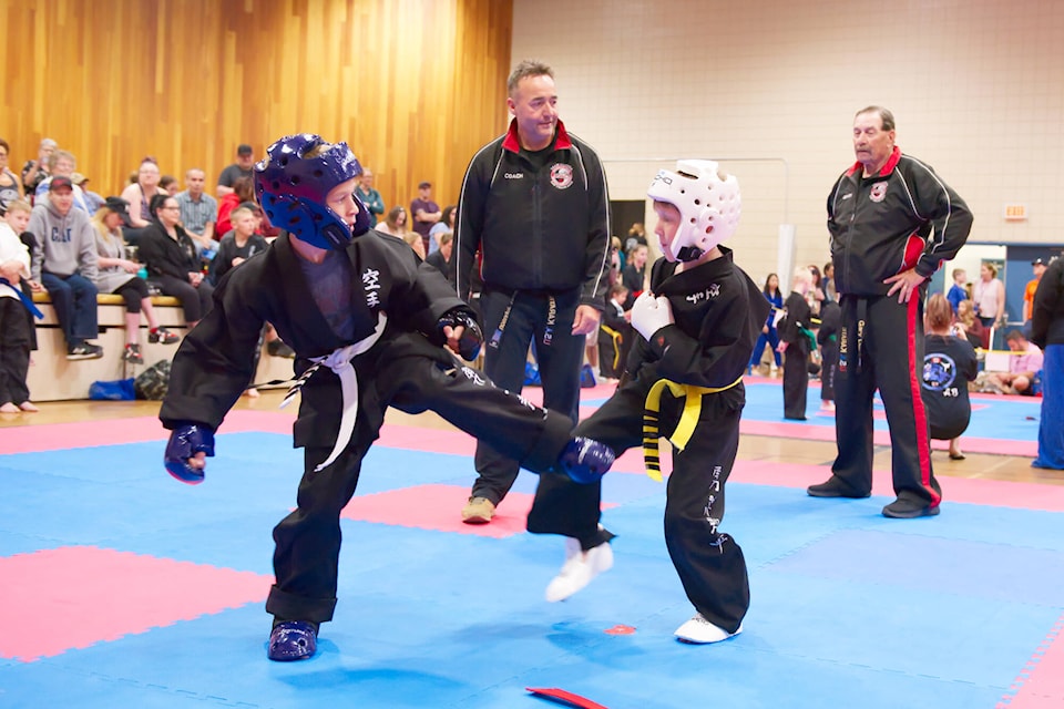 PMA karate students Hudson Wood (Sicamous) and Cyrus Piccini (Salmon Arm) compete at the Shuswap Open Martial Arts Tournament held Saturday, May 27 at the SASCU Recreation Centre. (Lachlan Labere-Salmon Arm Observer)