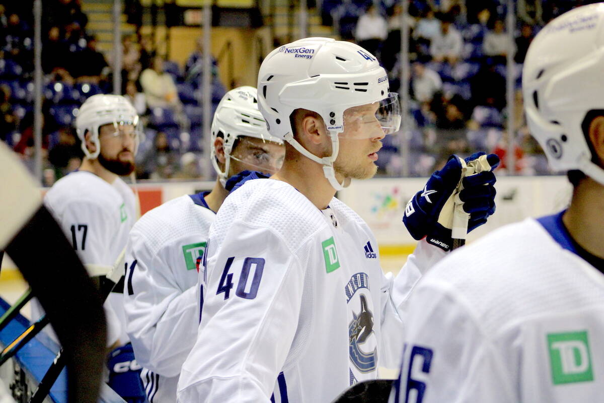 Elias Pettersson during the Vancouver Canucks intrasquad scrimmage at the Save-On-Foods Memorial Centre during day three of their Victoria training camp on Sept. 23. (Jake Romphf/News Staff)