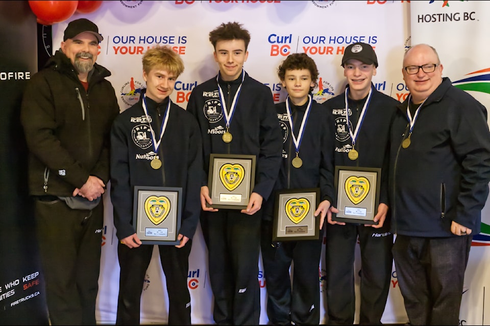 Team Jaeger took home the gold. They are: Coach Travis Wielgosz, Lead Brendan Hruschak, Second Noel Wielgosz, Third Spencer Rempel, Skip Owen Jaeger and Coach Tyler Jaeger. 