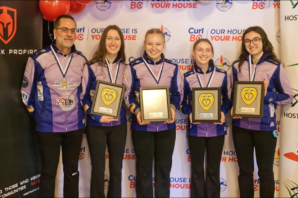 Team Ava Arndt of Vernon/Kamloops won gold at the B.C. U18 Girls Curling Championships in Kimberley. The team includes (from left): coach David Arndt of Vernon; lead Alicia Evans of Kamloops; second Ivy Jensen of Vernon; third Bethany Evans of Kamloops and skip Ava Arndt of Vernon.