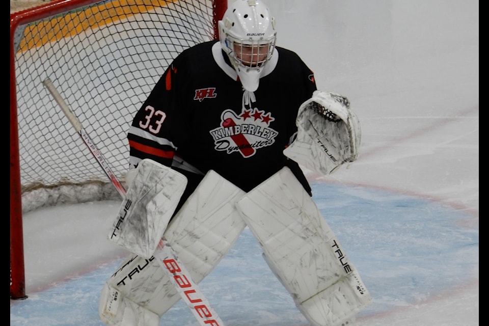 Goaltender Josh Hager started his time with the Kimberley Dynamiters off with a bang, making 18 saves to shut out the Creston Valley Thunder Cats and scoring an empty-netter to boot.