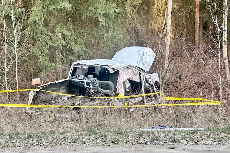 RCMP confirm the driver of a pickup that went off Highway 95A between Kimberley and Marysville, taking out several power poles, was impaired by alcohol. Paul Rodgers/Kimberley Bulletin.